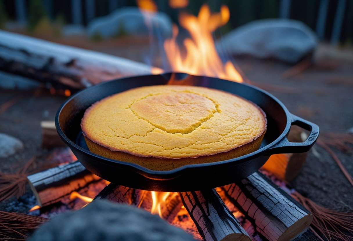 Cast iron skillet with golden cornbread cooking over a campfire in a forest setting.