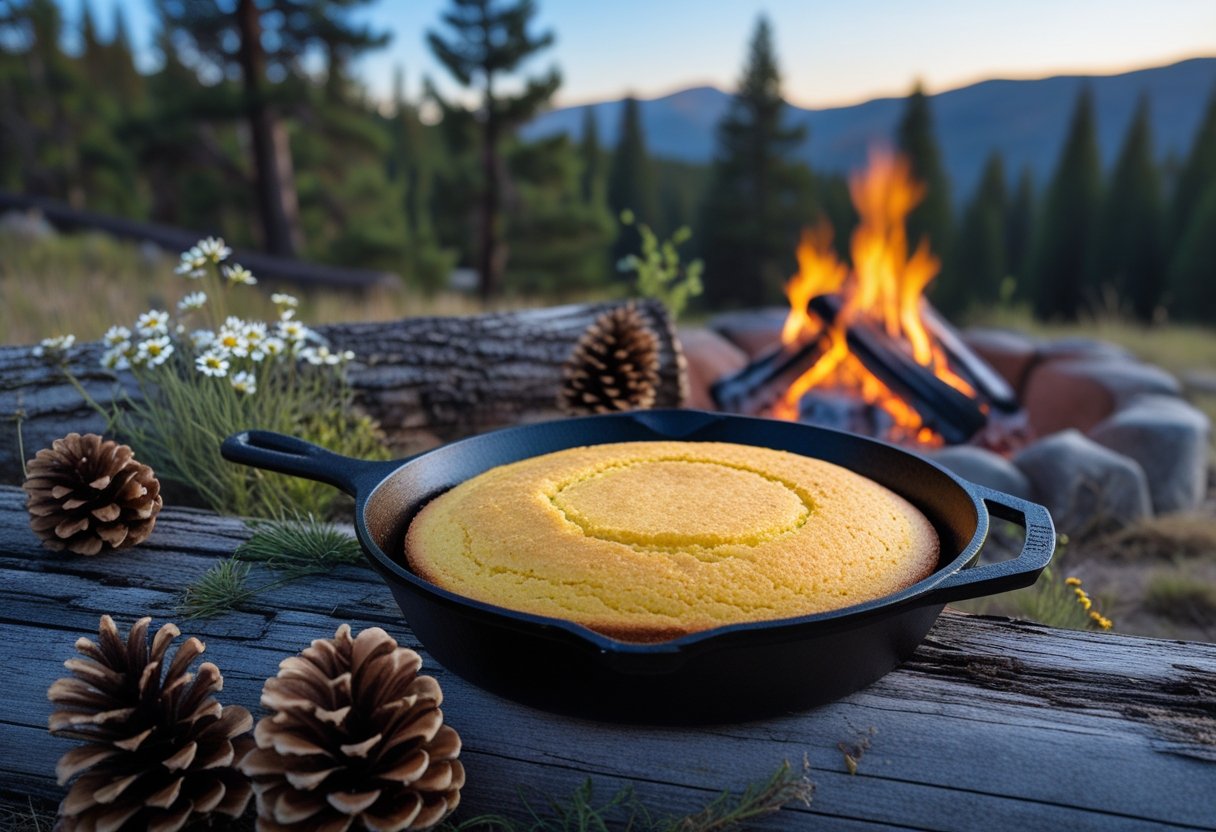A cast iron skillet with golden cornbread on a wooden table near a campfire in a forested mountain setting.