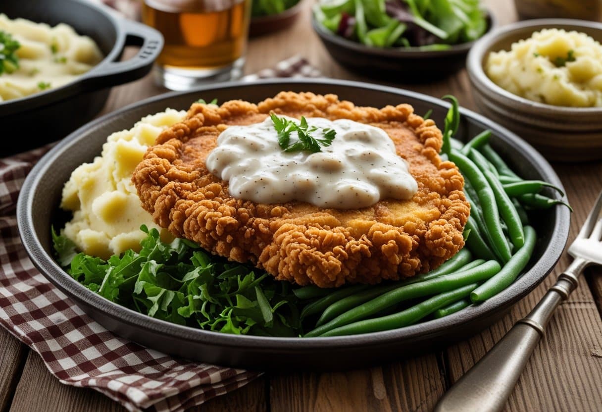 A plate of crispy chicken-fried steak topped with white gravy, served with mashed potatoes and green beans on a wooden table.