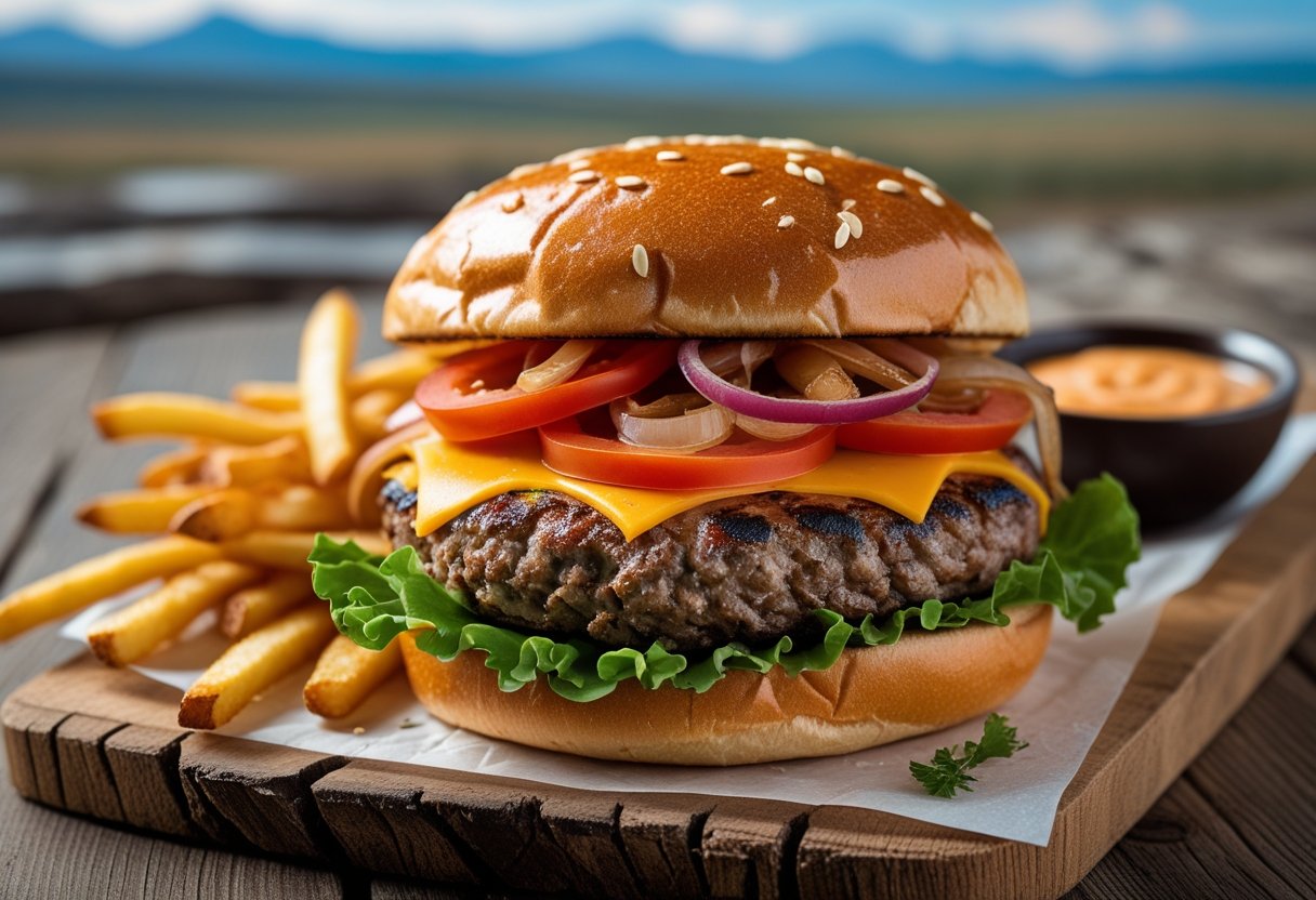 A juicy bison burger with lettuce, tomato, cheese, and onions on a wooden board, served with fries and dipping sauce.