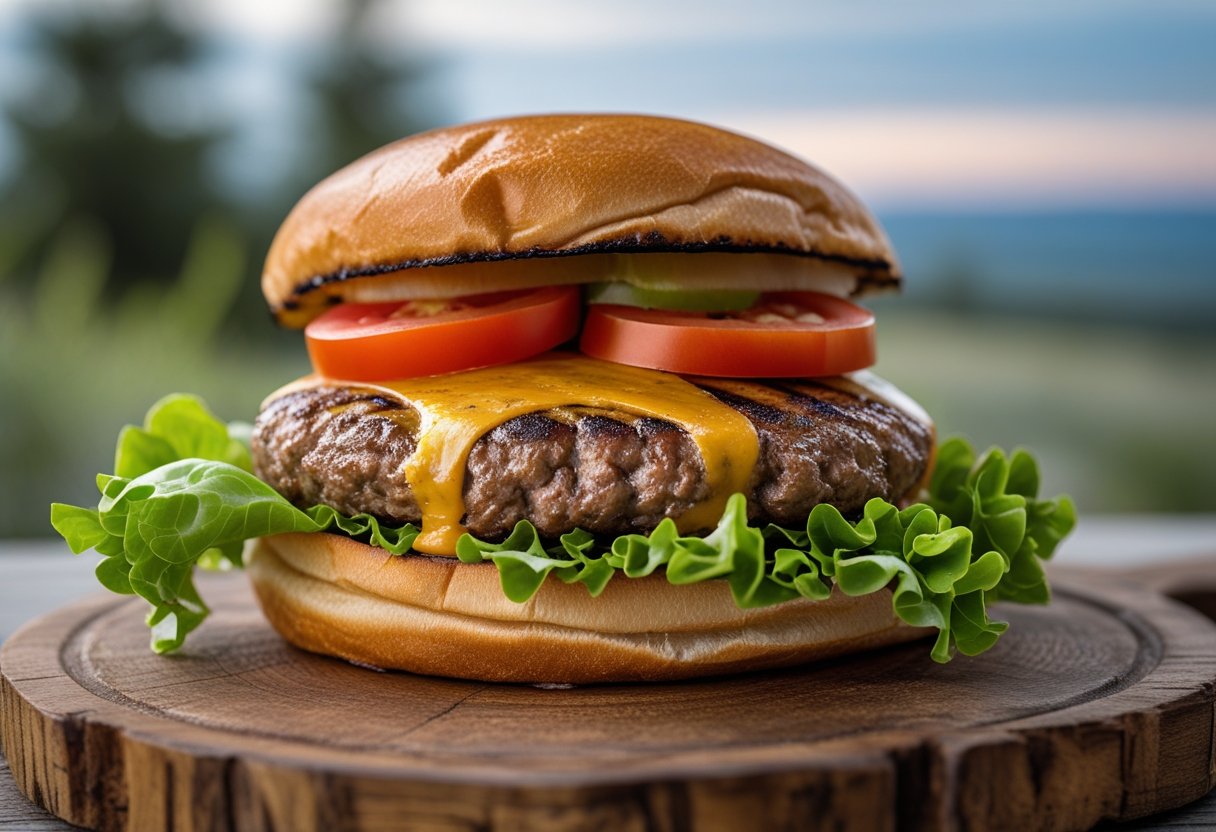 Close-up of a juicy bison burger with lettuce, tomato, and cheese on a wooden board outdoors.