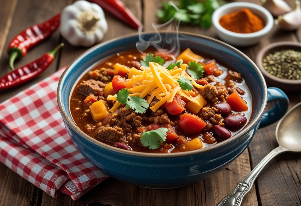 A steaming bowl of spicy cowboy chili with beef, beans, and garnishes on a wooden table with seasoning ingredients around it.