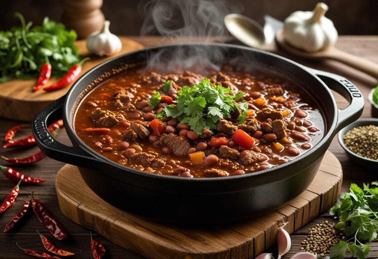 A steaming pot of thick chili with beef and beans on a wooden countertop surrounded by chili peppers, garlic, and herbs in a rustic kitchen setting.