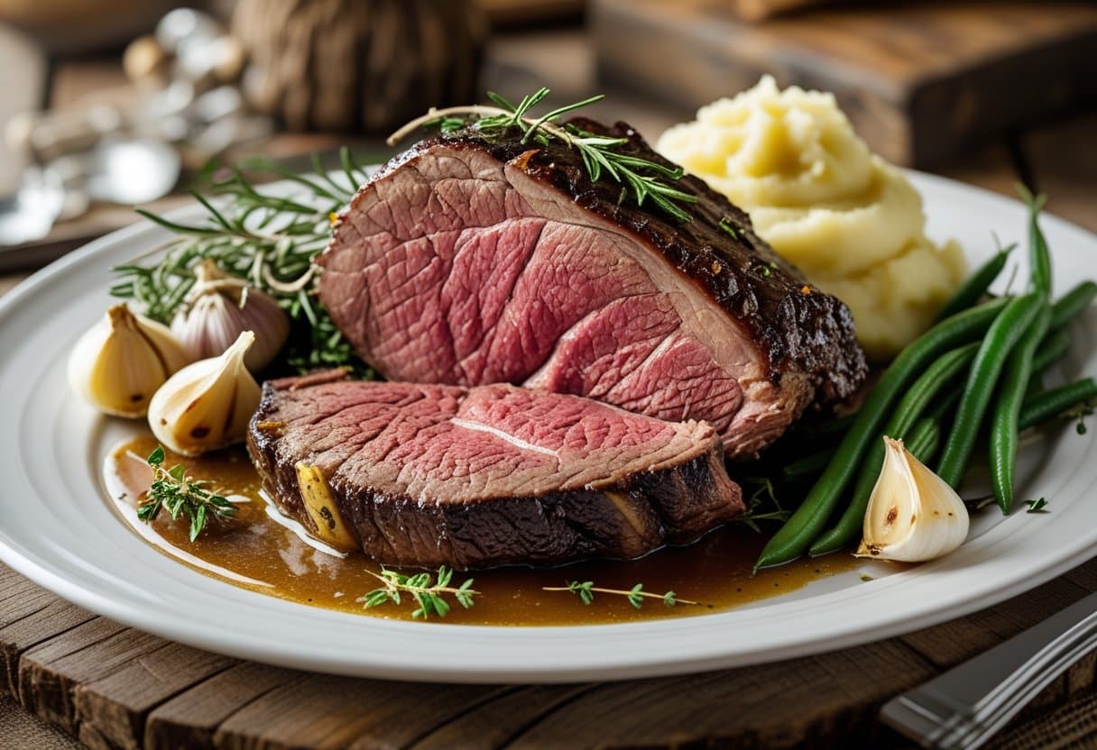 A plate with a thick slice of prime rib au jus, mashed potatoes, and green beans on a wooden table.
