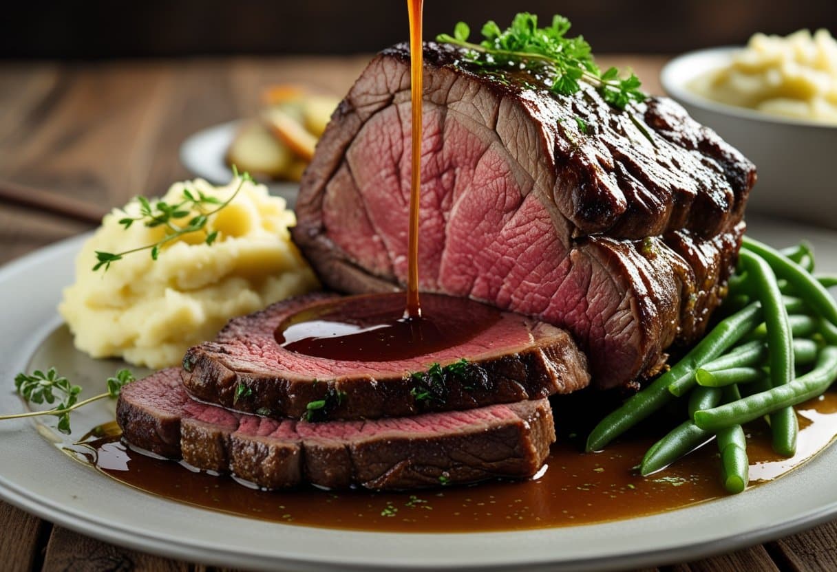 A plate with a thick slice of prime rib au jus served with mashed potatoes and green beans on a wooden table.