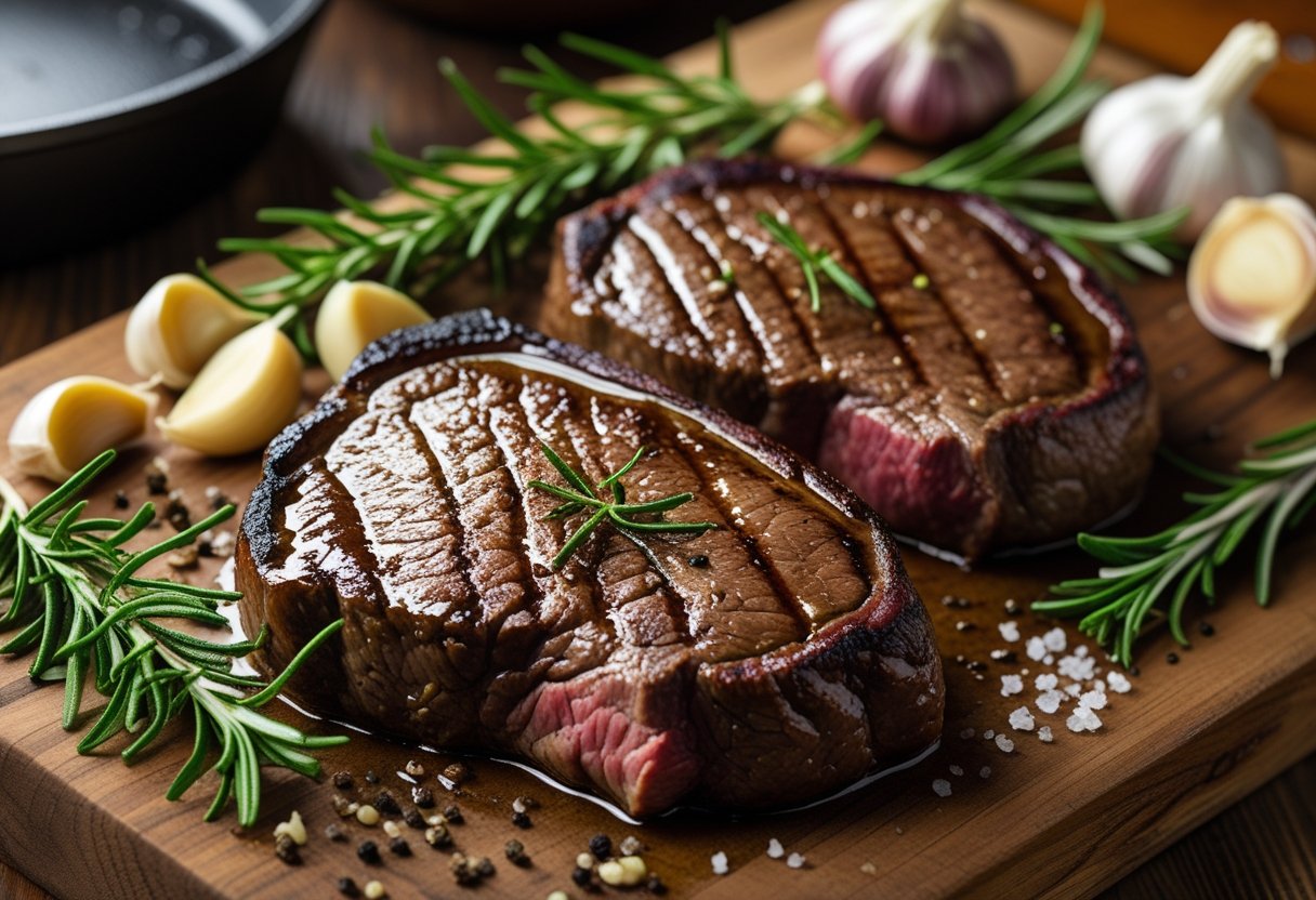 Close-up of cooked elk steaks on a wooden cutting board with rosemary and seasoning.