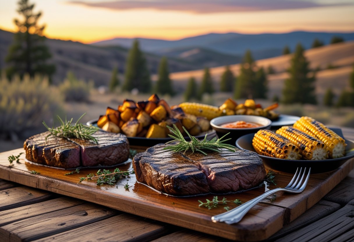 Grilled elk steaks on a wooden table outdoors with roasted vegetables and a western landscape in the background at sunset.