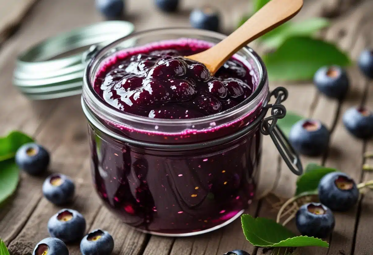 A jar of deep purple huckleberry jam with a wooden spoon, surrounded by fresh wild huckleberries and green leaves on a wooden table.