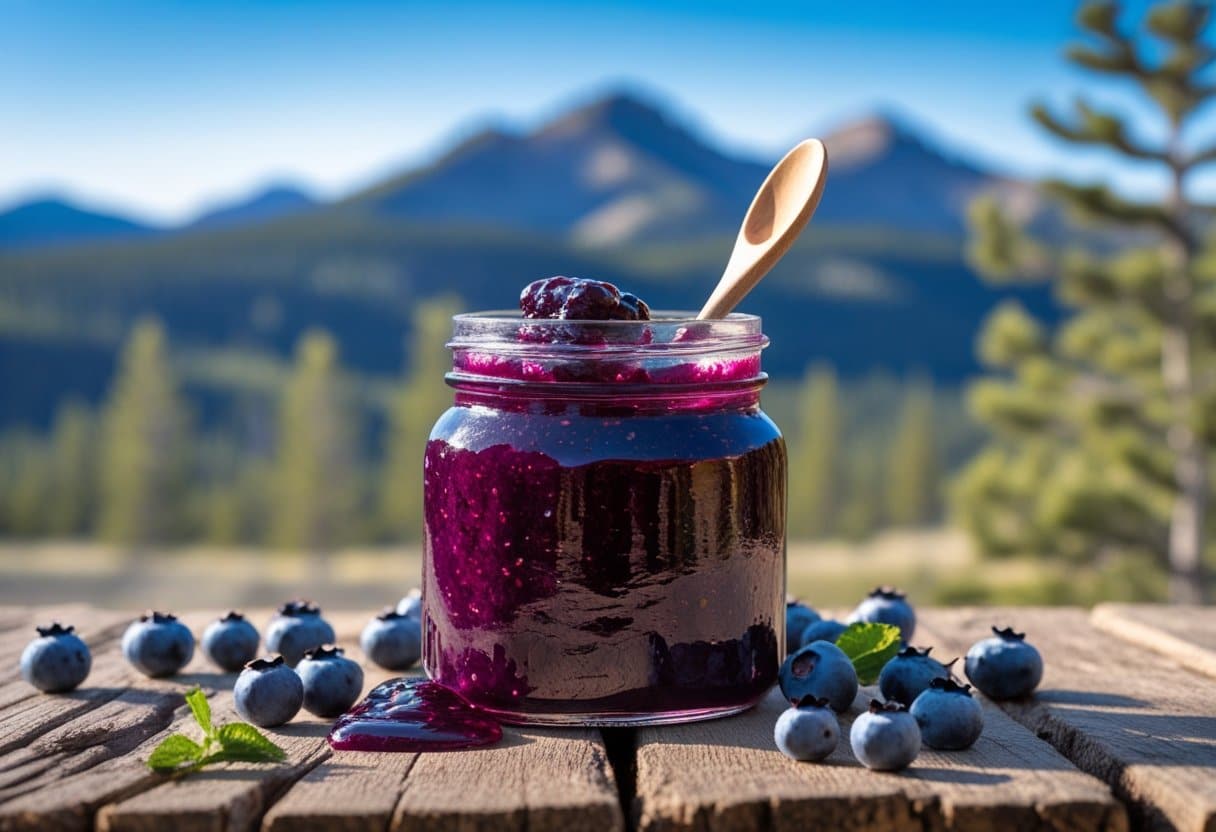 A jar of deep purple huckleberry jam on a wooden table with fresh wild huckleberries and a wooden spoon, set against a blurred mountain landscape.