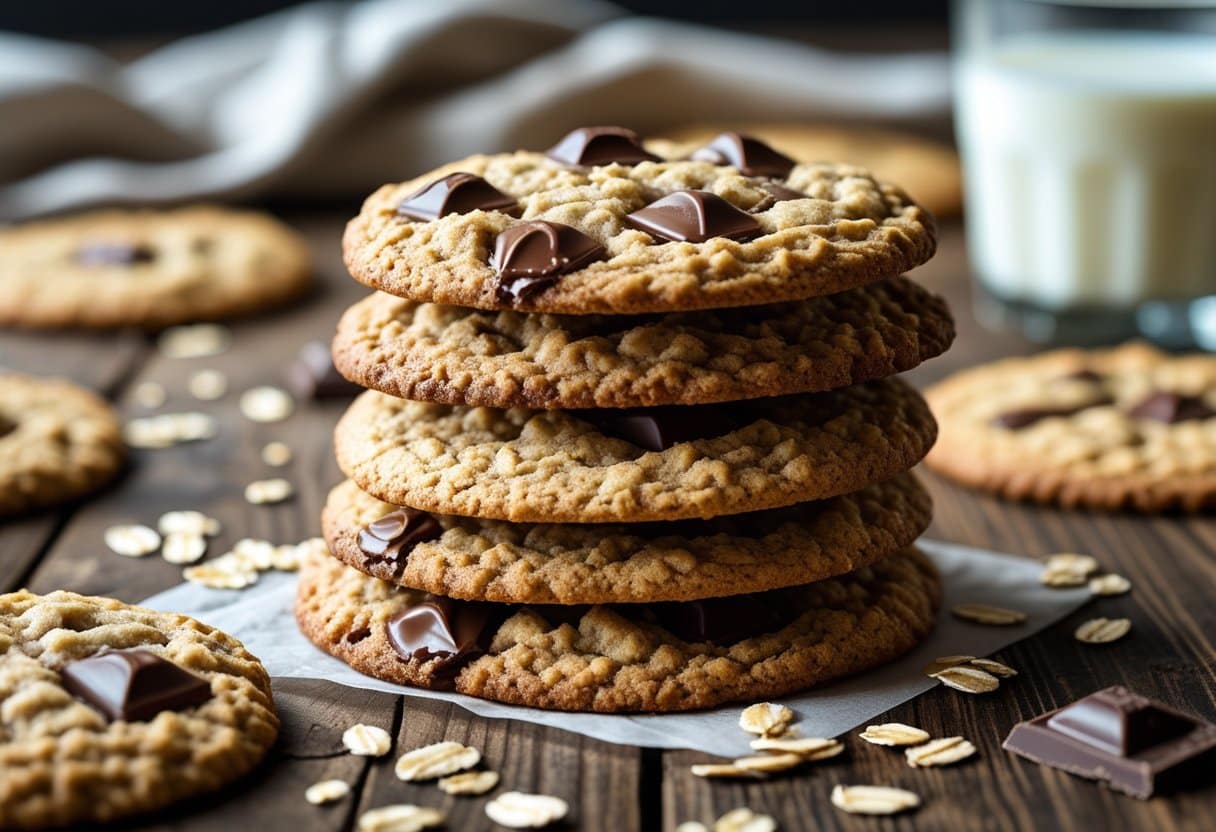 Stack of oatmeal and chocolate chip cookies on a wooden table with a glass of milk in the background.