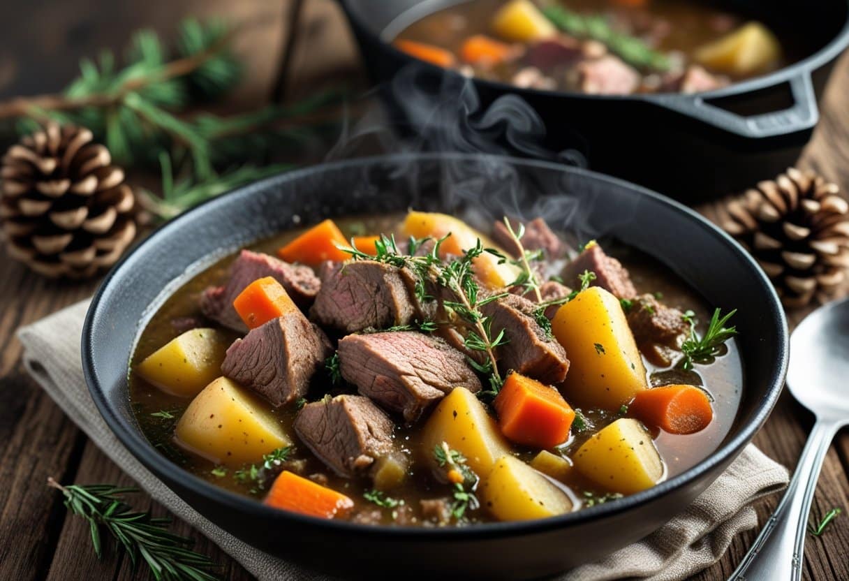 A bowl of lamb stew with vegetables on a wooden table surrounded by natural mountain-themed elements.