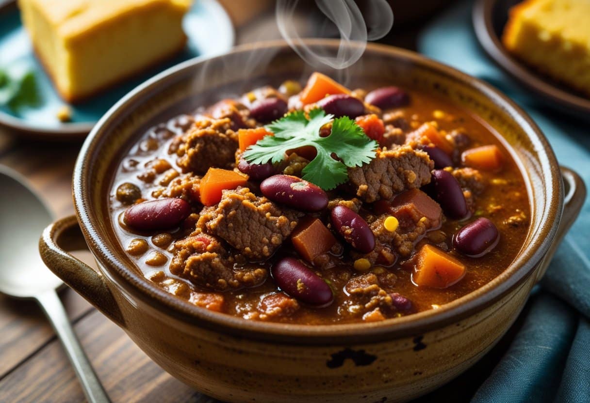 A steaming bowl of hearty bison chili with beans and tomatoes on a wooden table, accompanied by cornbread and fresh cilantro.