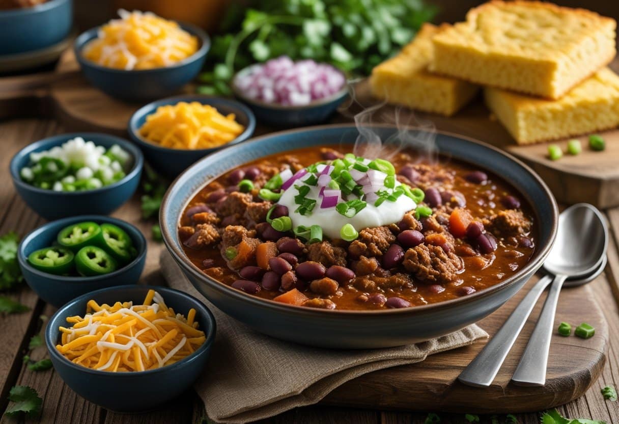 A bowl of hearty bison chili on a wooden table surrounded by bowls of cheese, green onions, jalapeños, and fresh cilantro, with cornbread on the side.