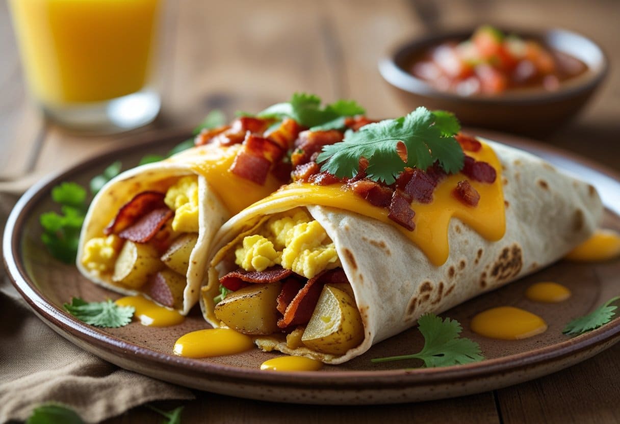 A breakfast burrito covered in green chili sauce and melted cheese on a plate, with eggs, bacon, and potatoes inside.