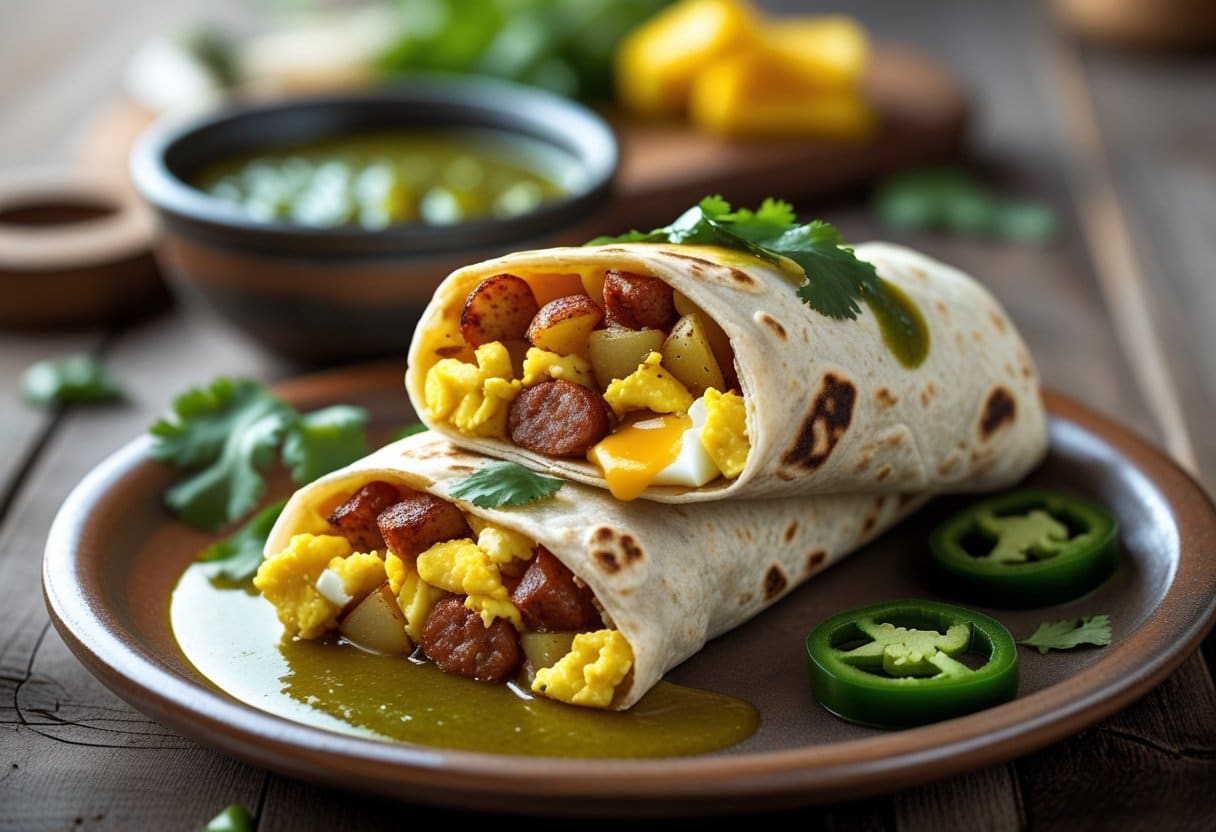 A breakfast burrito cut in half and covered with green chili sauce on a plate, garnished with cilantro and jalapeños.