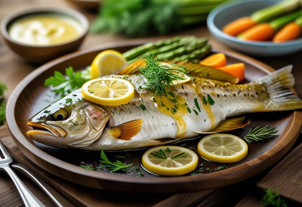 A whole cooked trout with lemon butter sauce, garnished with lemon slices and herbs, served with steamed vegetables on a wooden plate.