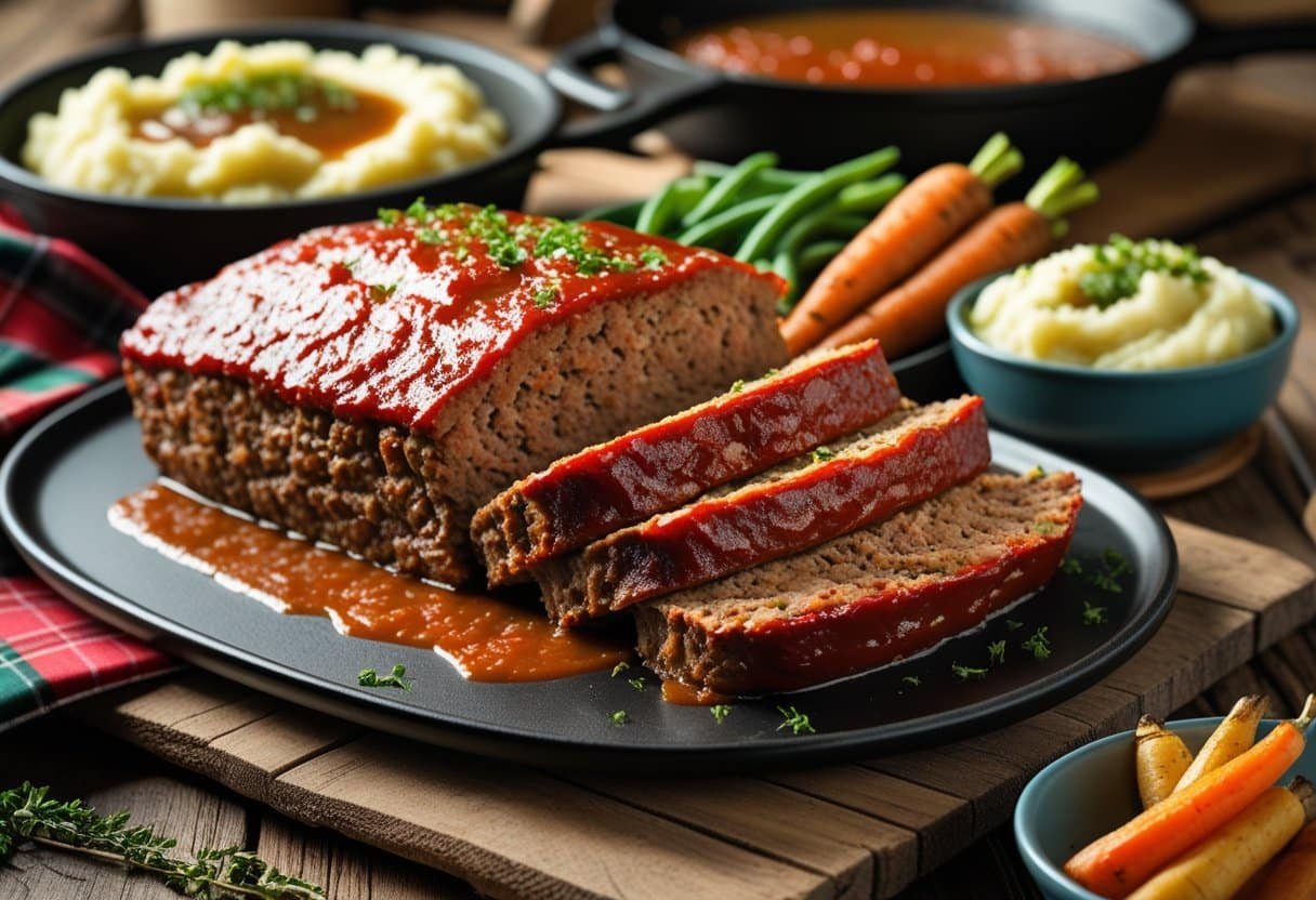 A plate of sliced meatloaf with mashed potatoes, green beans, and roasted vegetables on a wooden table.