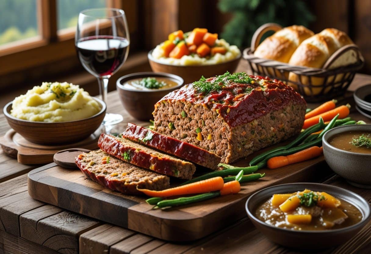 A sliced meatloaf on a wooden table surrounded by mashed potatoes, roasted vegetables, gravy, bread rolls, and a glass of red wine in a cozy mountain cabin setting.