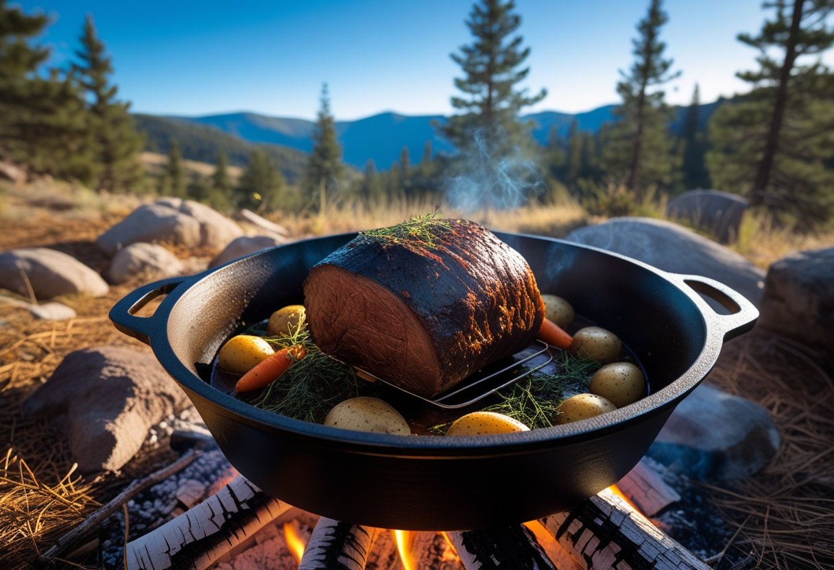 Cast iron Dutch oven with pot roast cooking over a campfire in a forested mountain setting.
