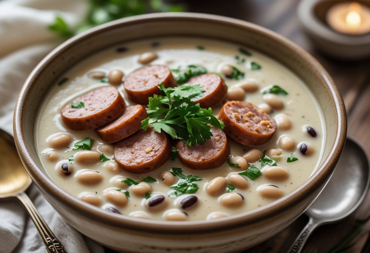 A bowl of creamy black-eyed pea soup topped with sliced sausage and fresh herbs on a wooden table.