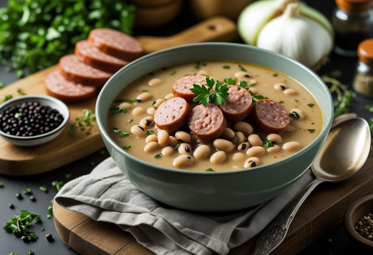 A bowl of creamy black-eyed pea soup topped with sliced sausage, surrounded by ingredients like black-eyed peas, garlic, onions, and spices on a wooden surface.