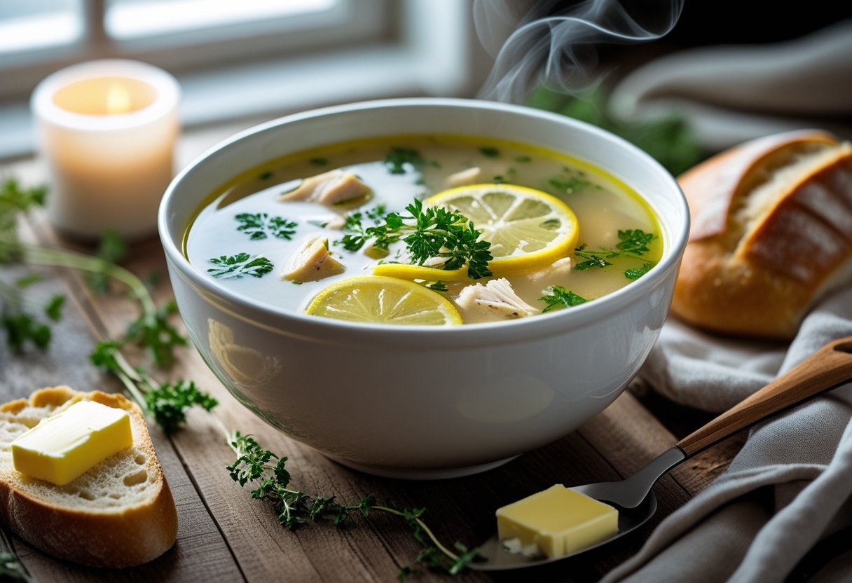 A steaming bowl of Italian Penicillin Soup with chicken, herbs, and lemon slices on a wooden table, accompanied by sliced bread and butter, set in a cozy winter morning scene.