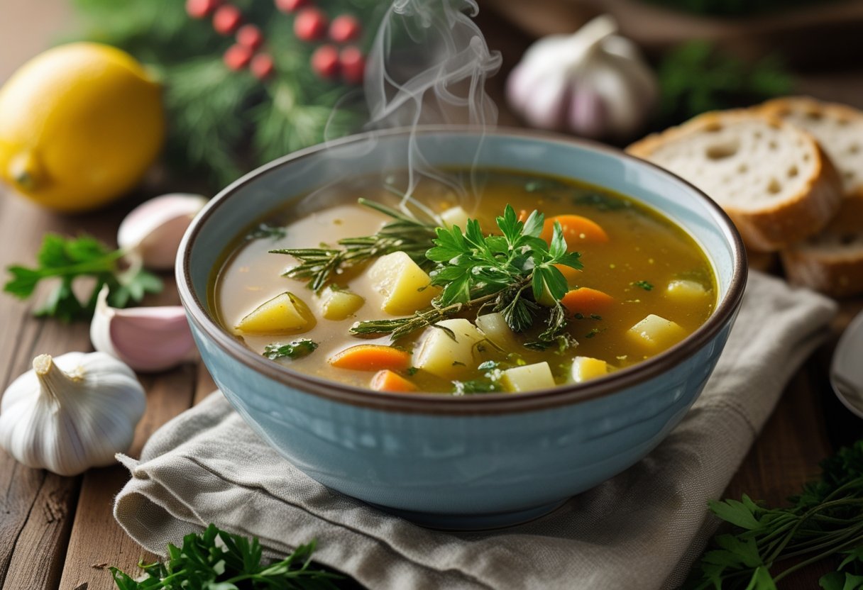 A steaming bowl of Italian Penicillin soup with fresh herbs and bread on a wooden table in a cozy kitchen setting.