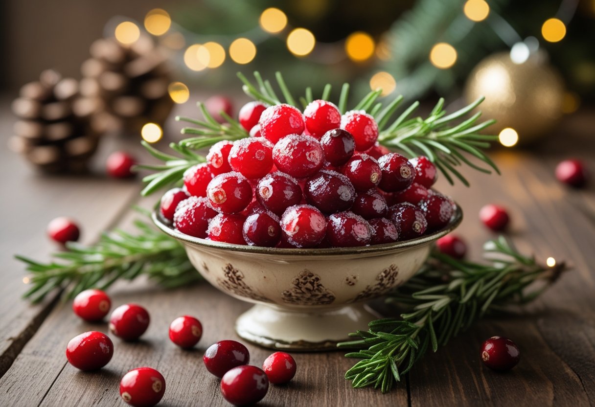 A bowl of shiny candied cranberries on a wooden table with rosemary sprigs and holiday decorations in the background.