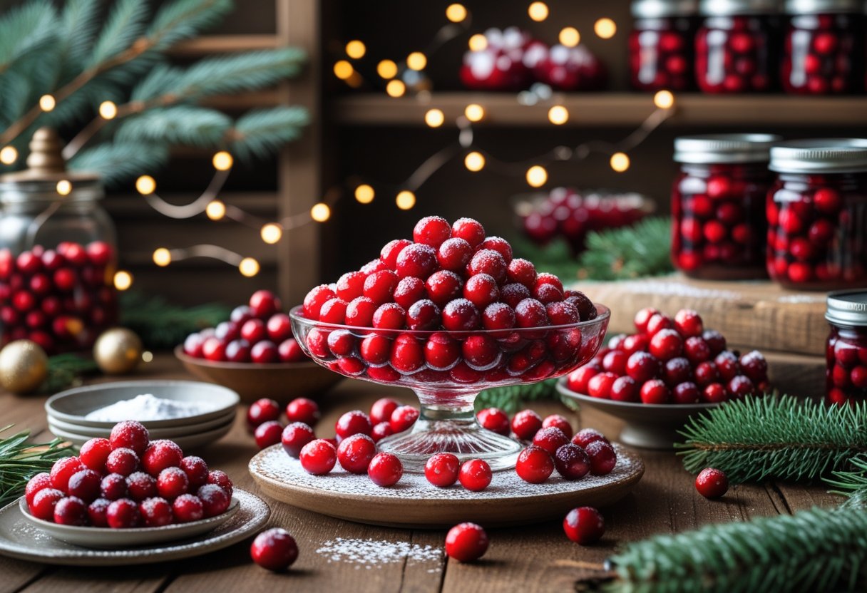 A wooden table with a bowl of shiny red candied cranberries surrounded by festive decorations and jars of preserved cranberries in a cozy kitchen setting.