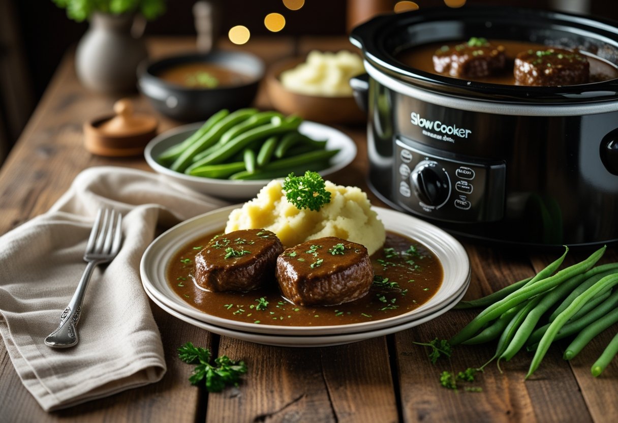 A slow cooker with Salisbury steak in gravy, served with mashed potatoes and green beans on a wooden table.