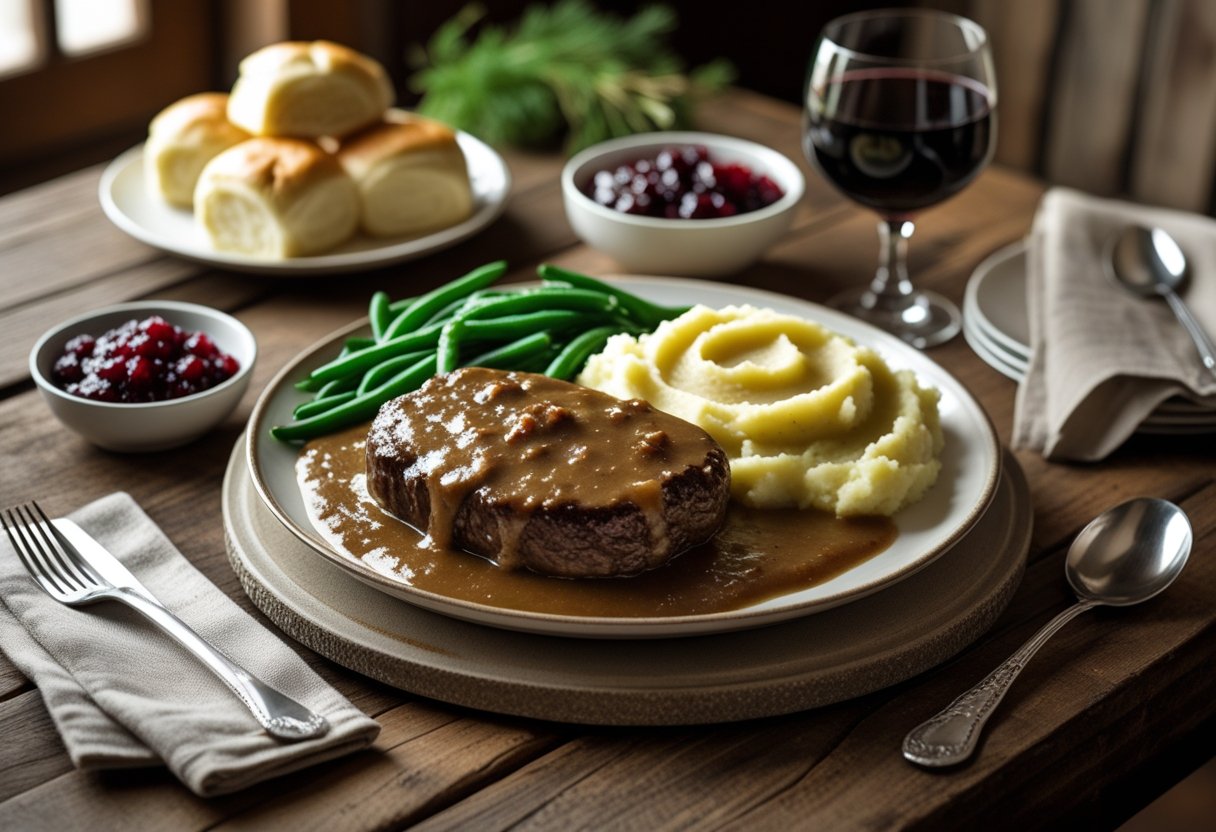 Plate of Salisbury steak with brown gravy, mashed potatoes, and green beans on a wooden table with dinner rolls and a glass of red wine.