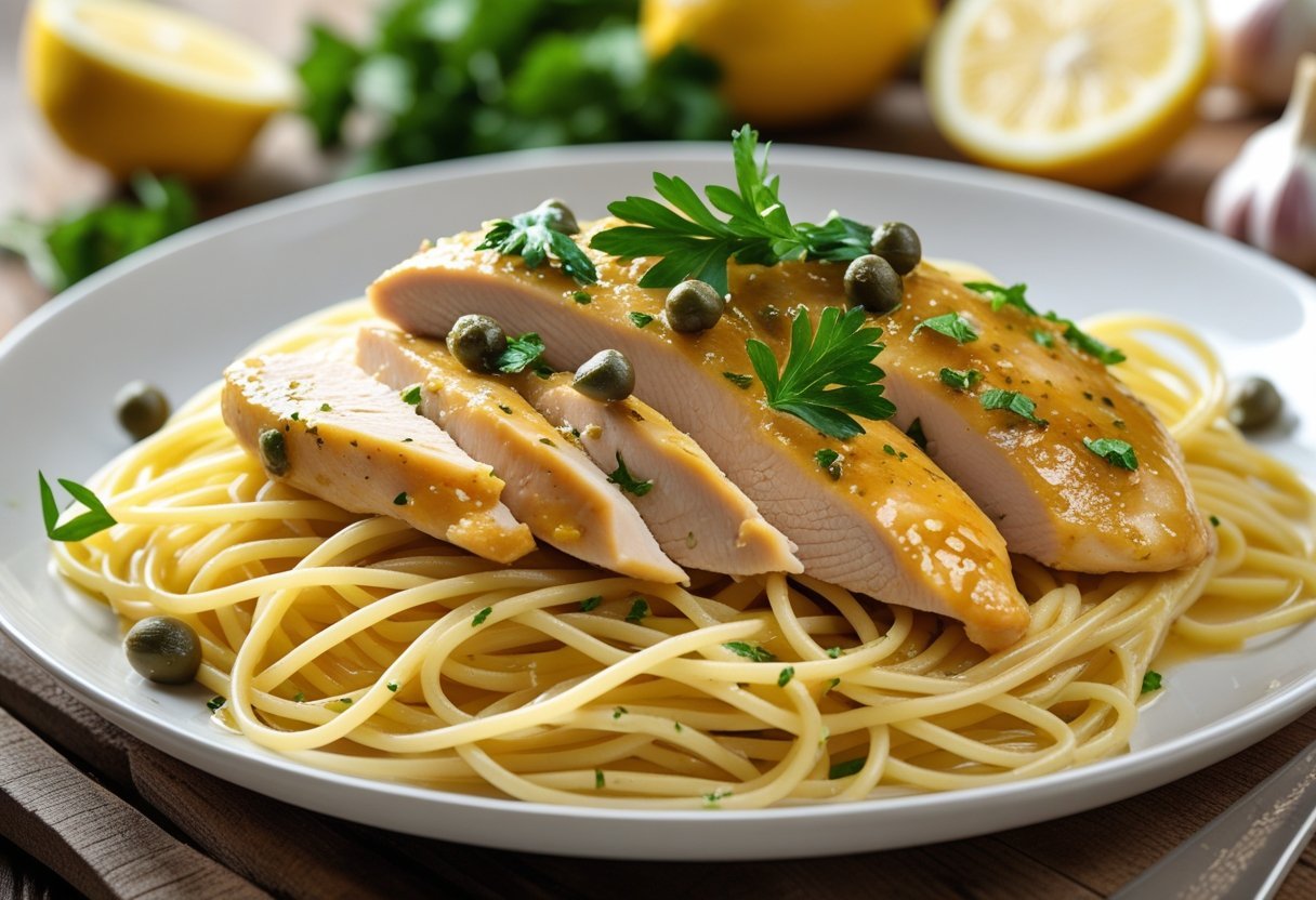 A plate of chicken piccata pasta with lemon sauce, capers, and parsley on a wooden table.