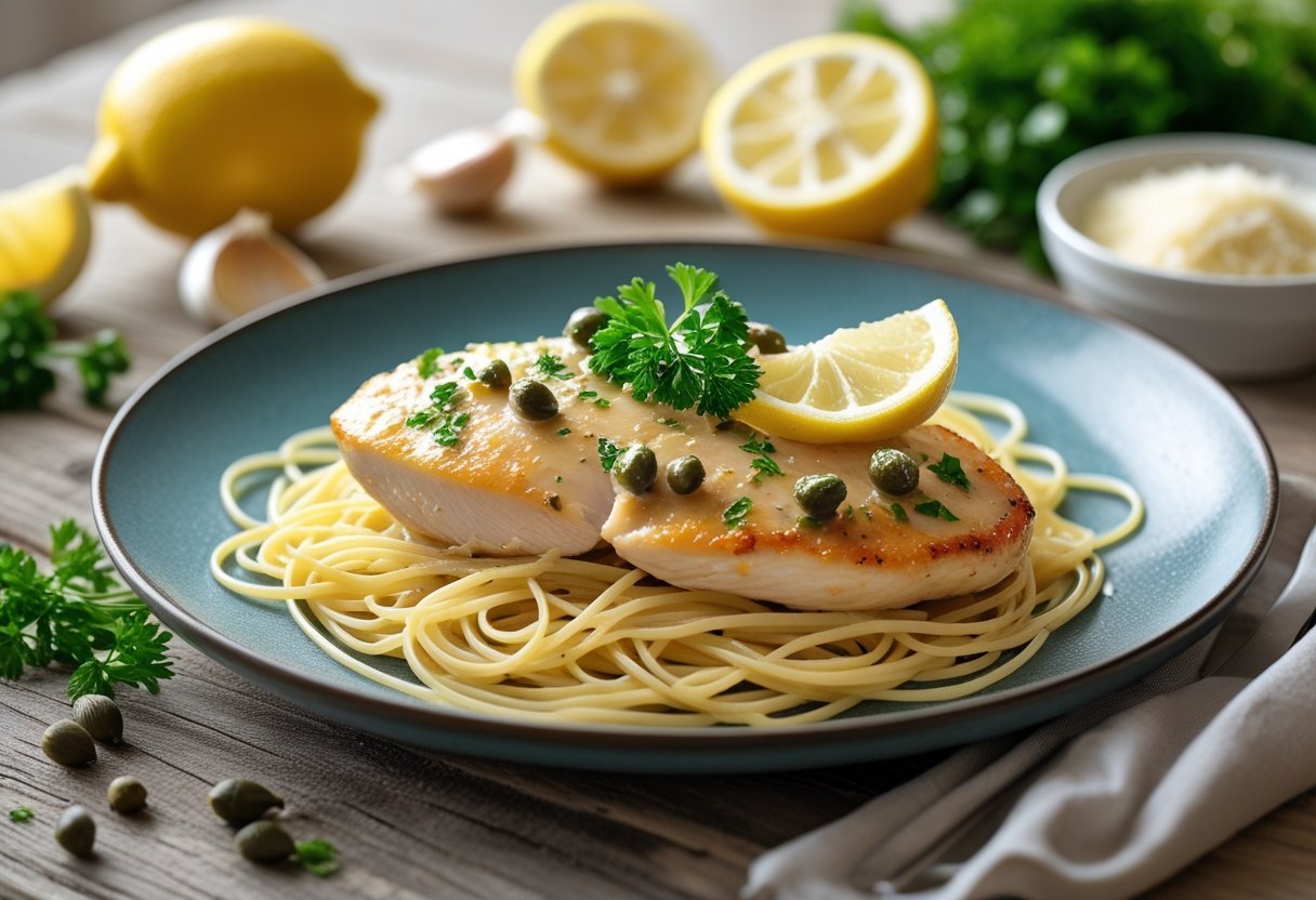 A plate of chicken piccata pasta with lemon slices and parsley on a wooden table, surrounded by fresh ingredients.