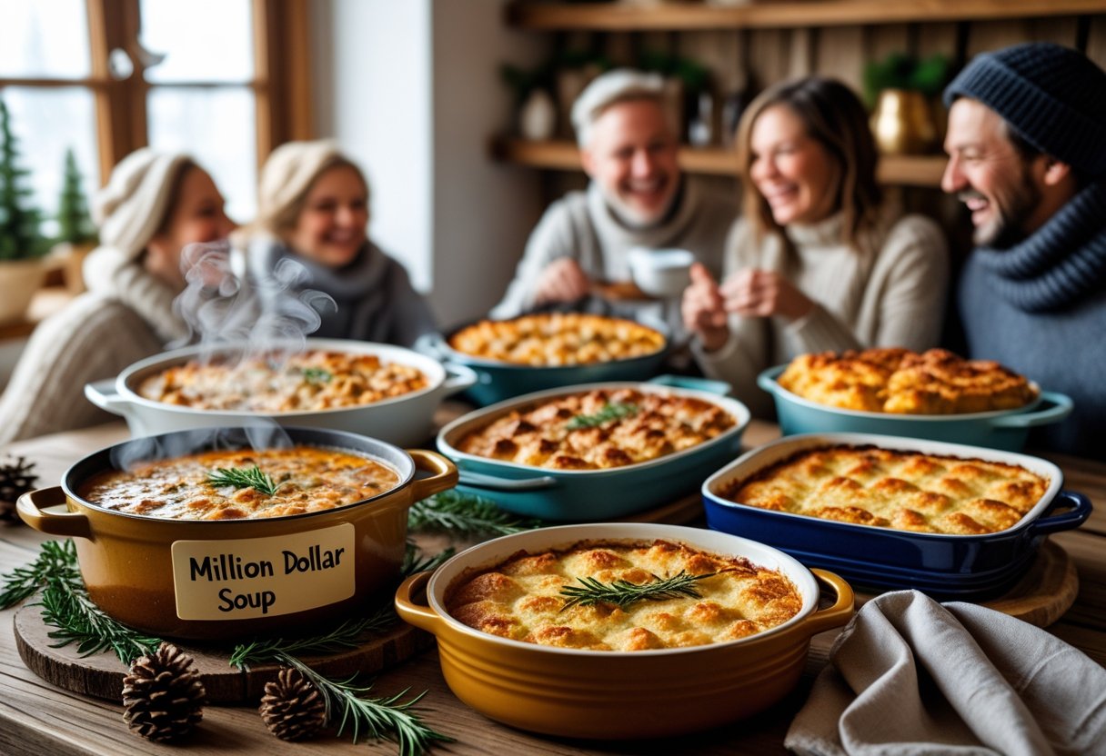 A table filled with steaming soup and various casseroles surrounded by winter decorations with people chatting in the background.