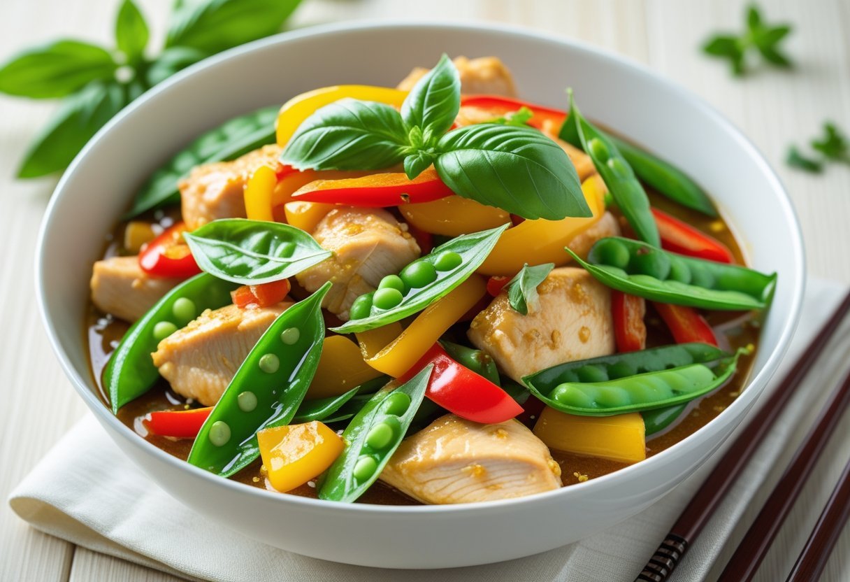 A bowl of basil chicken stir-fry with colorful vegetables on a wooden table, accompanied by chopsticks.
