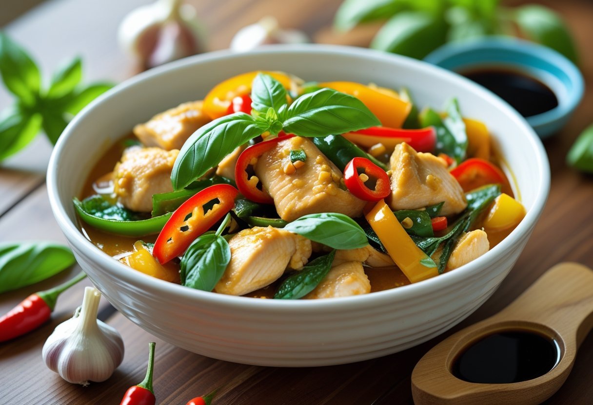 A bowl of basil chicken stir-fry with chicken, basil leaves, bell peppers, and red chili peppers on a wooden table with fresh ingredients around it.