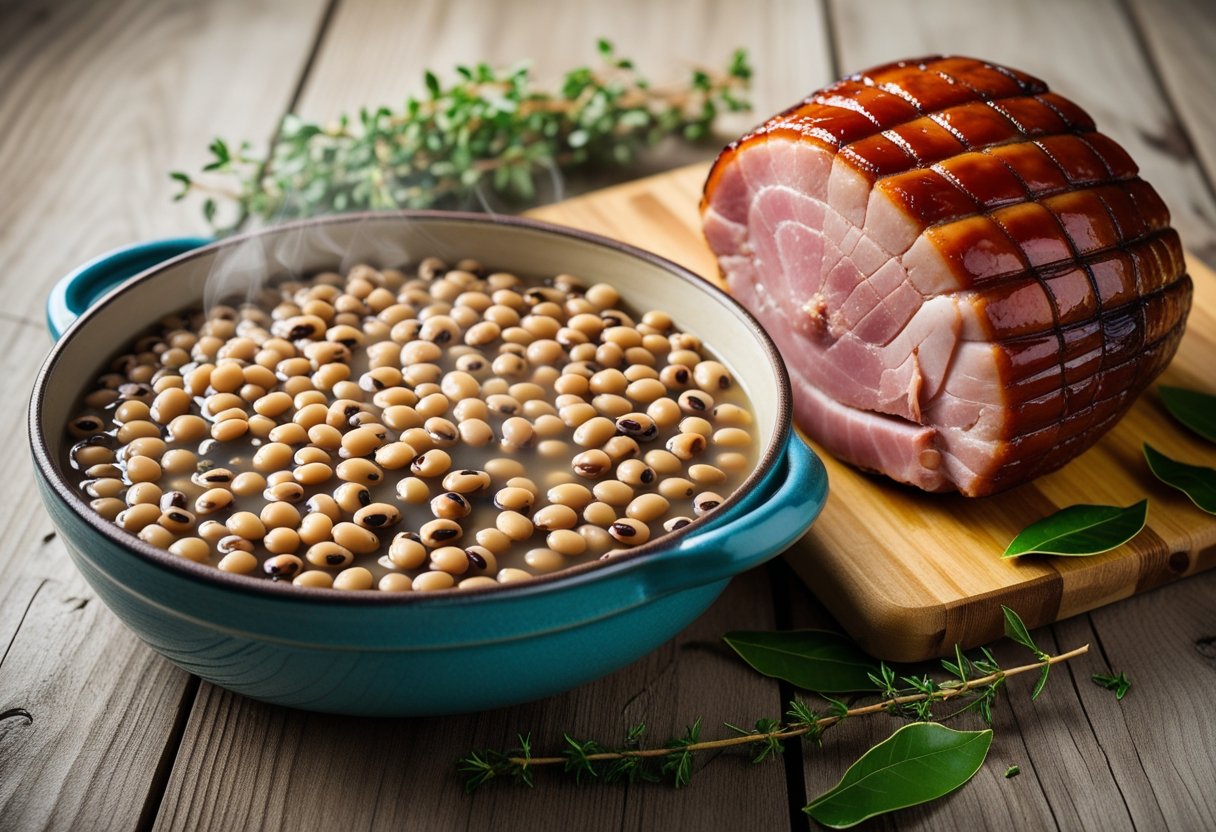 A bowl of cooked black-eyed peas and a smoked ham hock on a wooden table with fresh herbs.