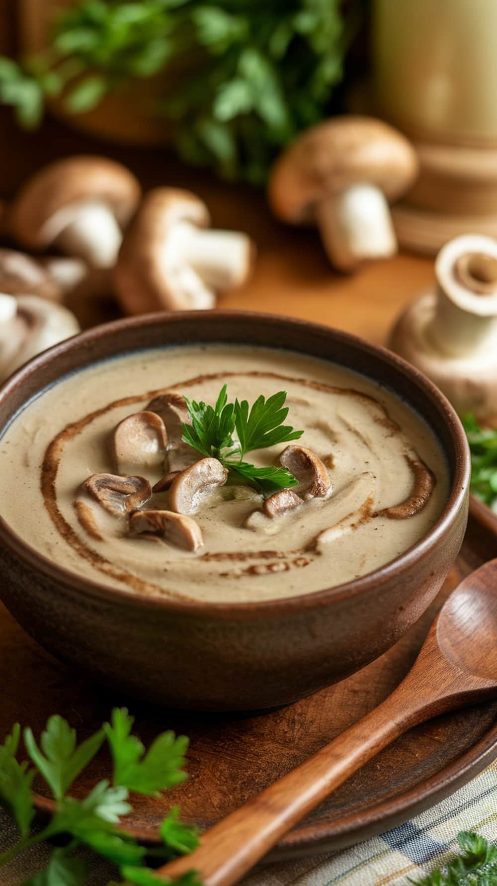 Creamy Hungarian mushroom soup in a rustic bowl, garnished with parsley, on a wooden table.
