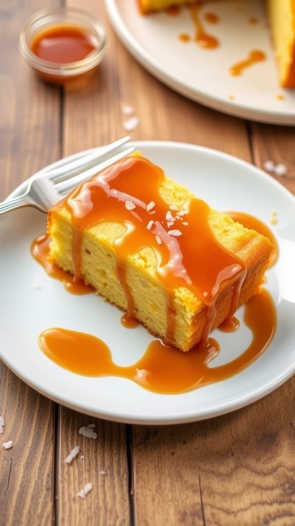A slice of salted caramel Kentucky butter cake drizzled with caramel sauce and sprinkled with sea salt on a rustic table.