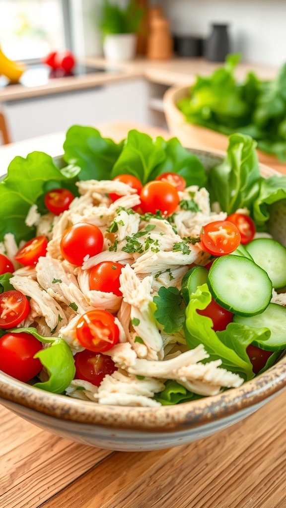 A colorful Chicken Soup Salad with shredded chicken, tomatoes, cucumbers, and greens, garnished with herbs.
