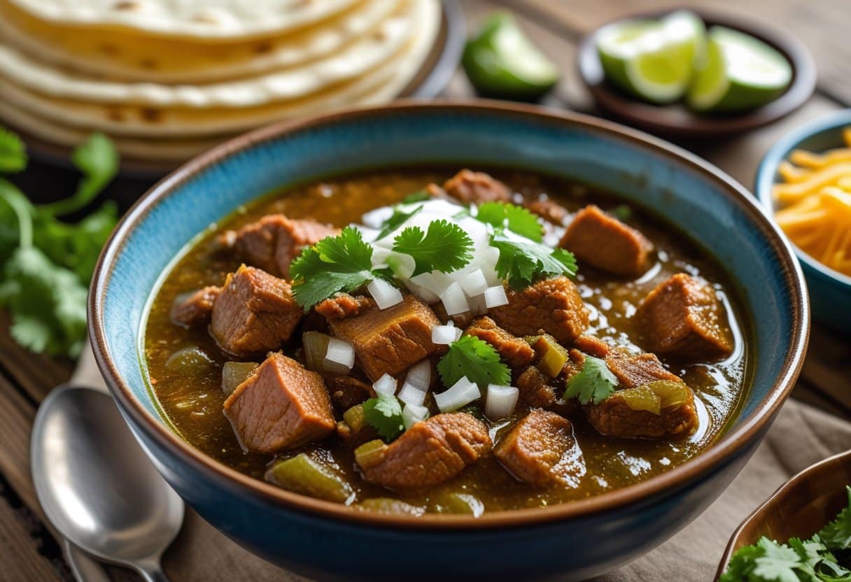 A steaming bowl of green chili with pork, garnished with cilantro and onions, served with corn tortillas and lime wedges on a wooden table.