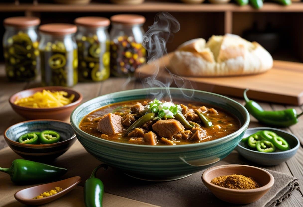 A bowl of steaming green chili with pork and green chilies on a wooden table surrounded by pottery bowls, fresh chili peppers, spices, and bread.
