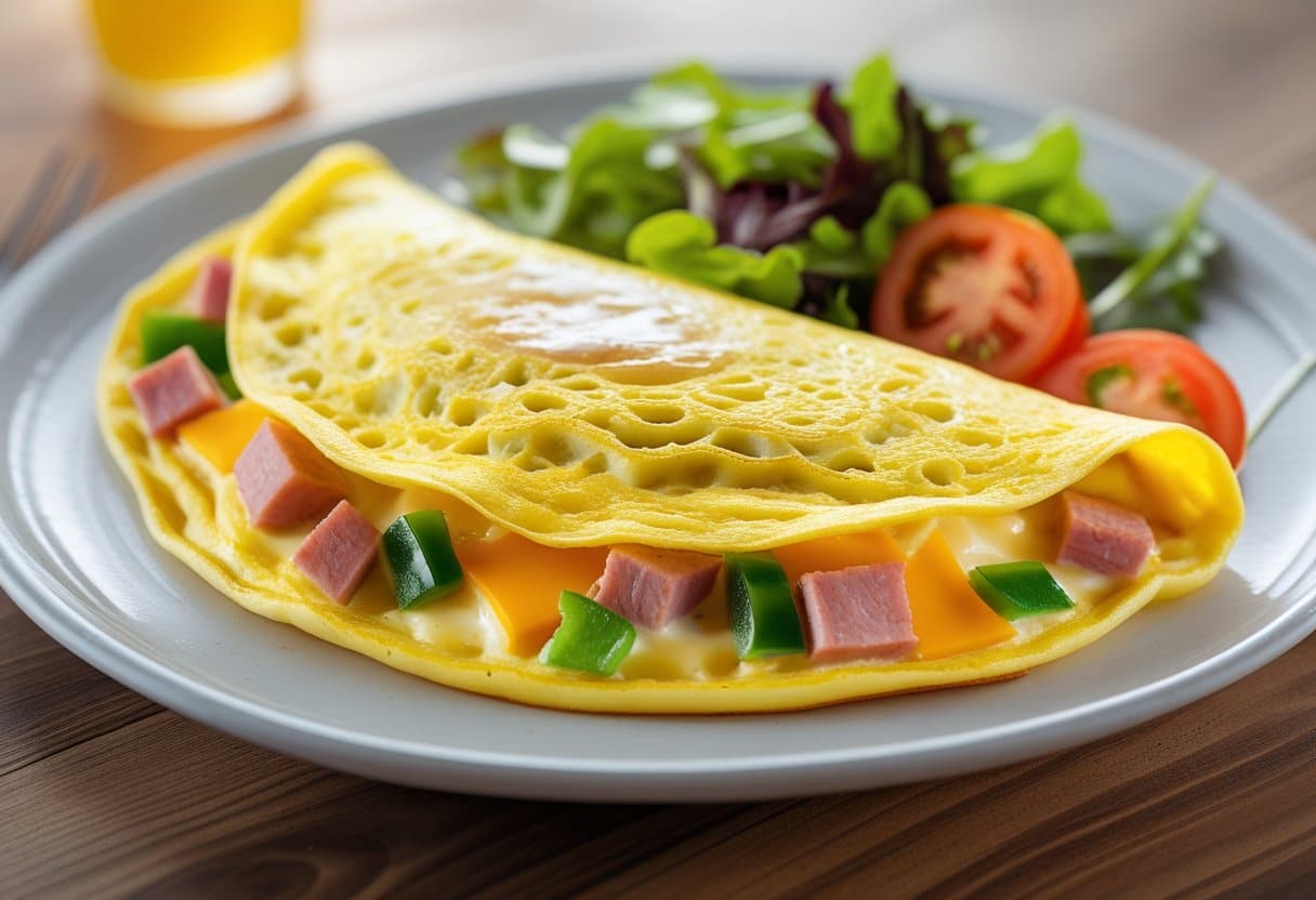 A plate with a fluffy Denver omelet filled with ham, green peppers, and cheese, served with a side of mixed greens and tomato slices on a wooden table.