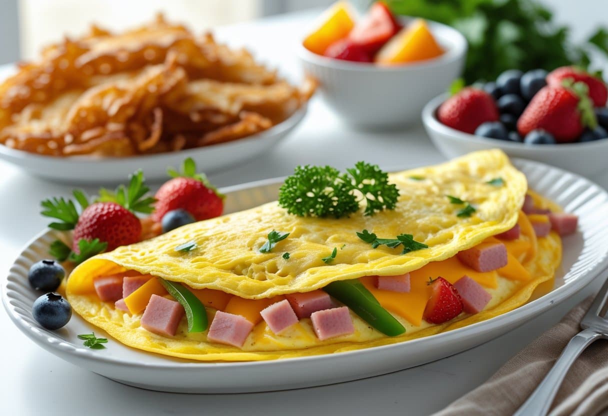A plate with a fluffy Denver omelet filled with ham, green peppers, and cheese, served with hash browns and fresh fruit on a breakfast table.