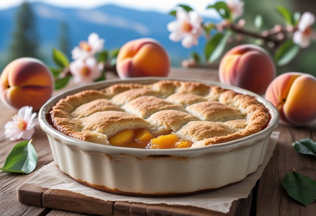 A freshly baked peach cobbler in a ceramic dish on a wooden table with fresh peaches and peach blossoms nearby, set against a blurred outdoor background with mountains.