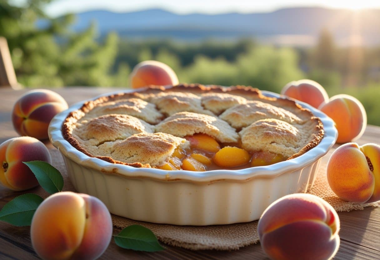 A freshly baked peach cobbler in a ceramic dish on a wooden table, surrounded by fresh peaches with a mountain landscape in the background.