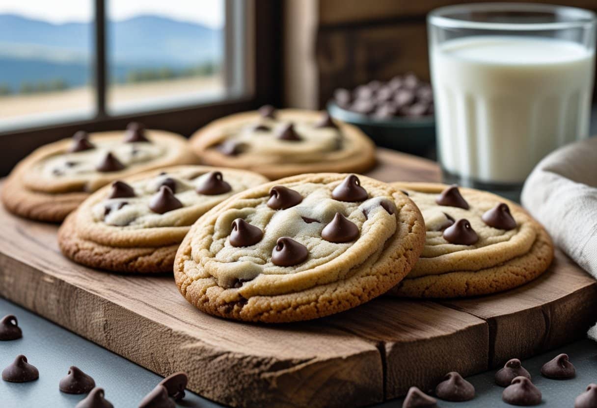 Freshly baked chocolate chip cookies on a wooden board with chocolate chips and a glass of milk nearby, with a mountain landscape visible through a window in the background.