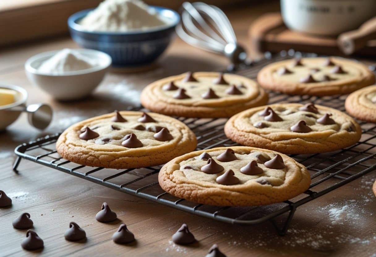 Freshly baked chocolate chip cookies cooling on a wooden countertop with baking ingredients and tools nearby.