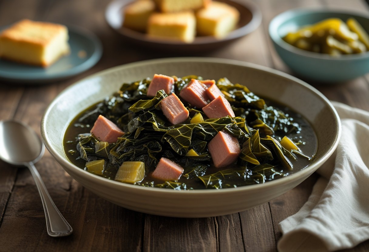 A bowl of cooked Southern collard greens with pieces of smoky ham on a wooden table, accompanied by cornbread and pickled vegetables.