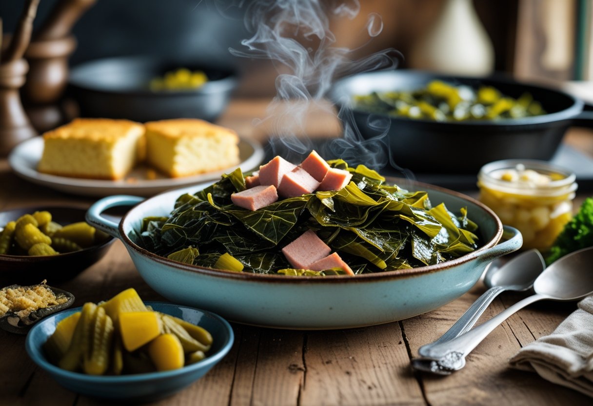 A bowl of cooked collard greens with pieces of smoky ham on a wooden table, accompanied by cornbread and pickled vegetables.